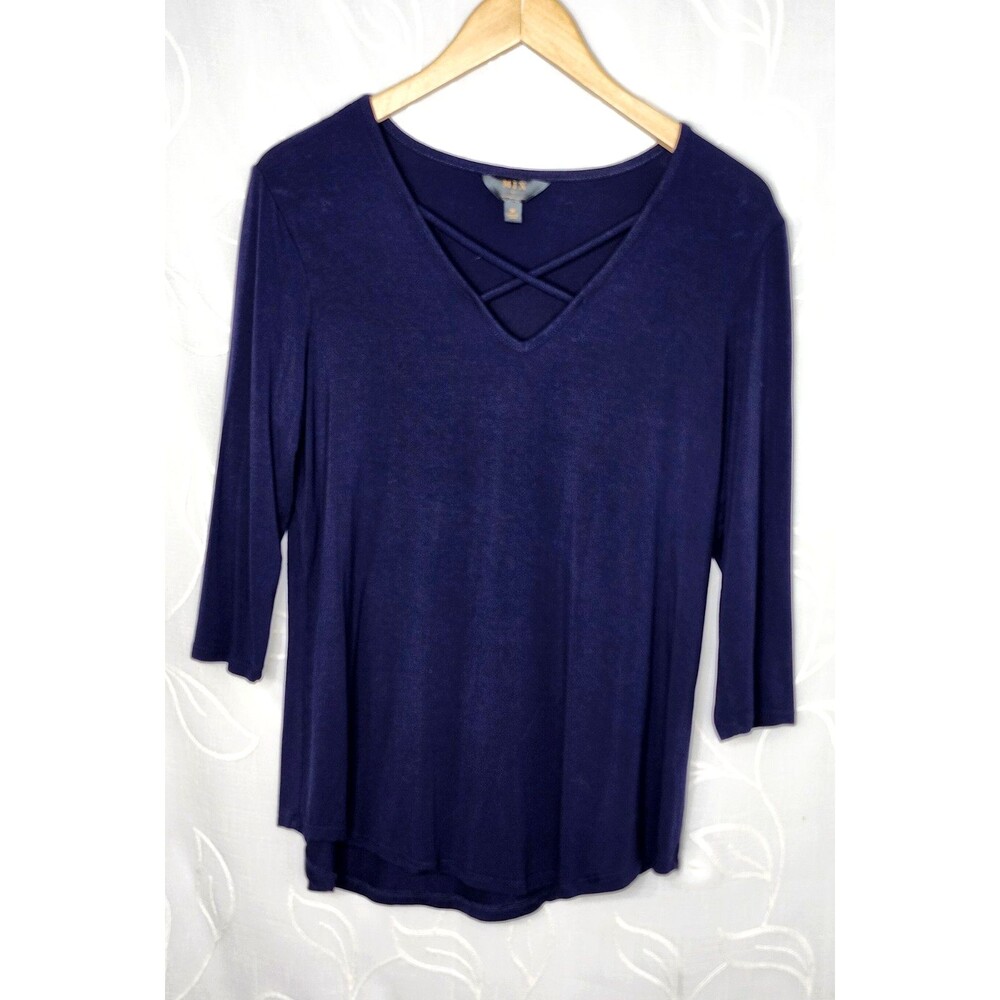 MIX by 41 Hawthorn Womens Medium Blue V Neck Top Soft Stretch Minimalist Blouse